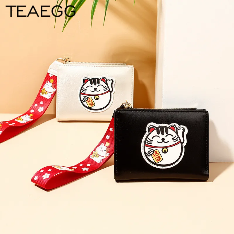 

TEAEGG 2019 Cute Lucky Cat Leather Vintage Women Wallet Luxury Brand Famous Short Mini Womens Purses Wallet Zipper Coin Purse