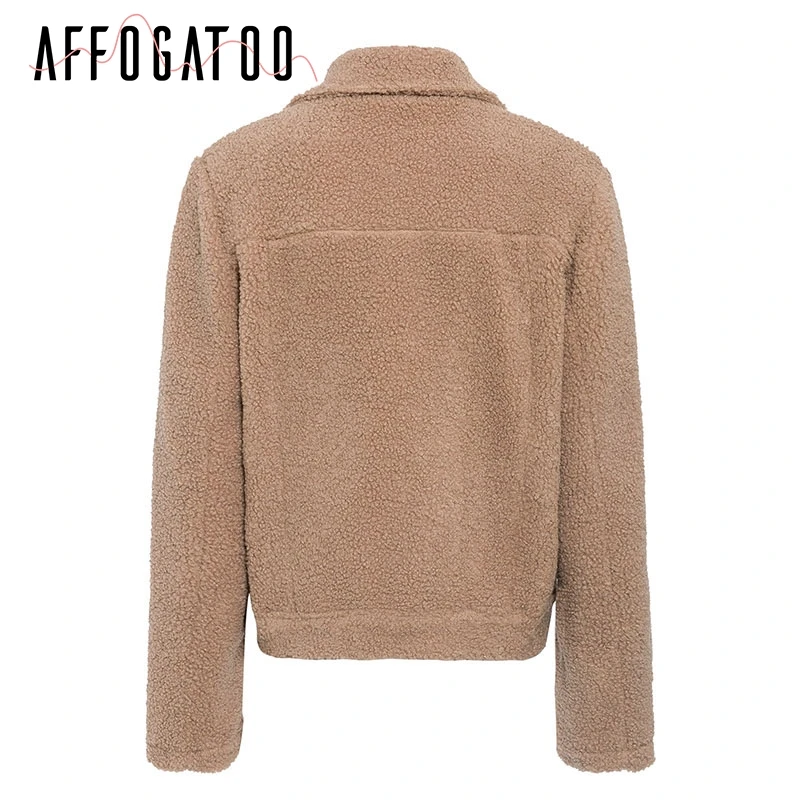Affogatoo Casual Lamb wool autumn winter jacket coat women Chic furry turn down collar female jackets warm ladies short overcoat