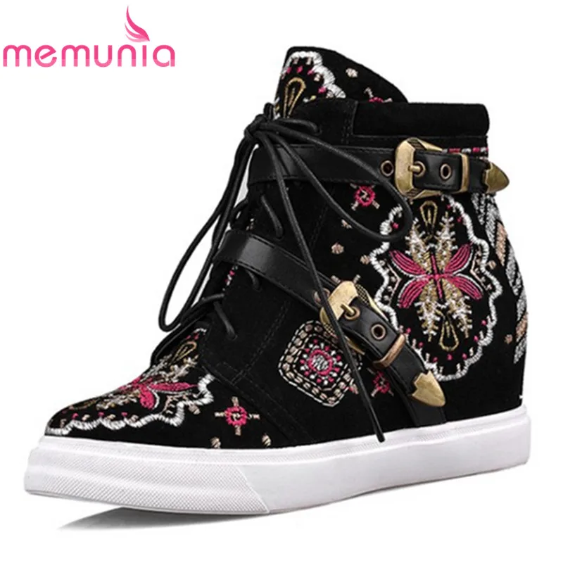 

MEMUNIA 2018 new winter cow suede leather boots platform women boots round toe lace up buckle female Height Increasing shoes
