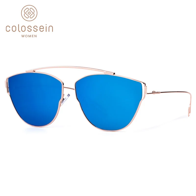 

COLOSSEIN New Fashion Sunglasses For Women Pilot Metal Shiny Blue Alloy Temple Silver Crystal Rubber UV400 lentes de sol hombre