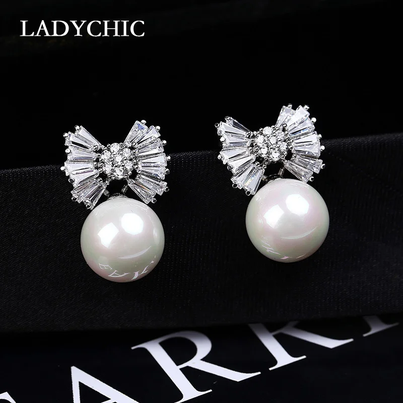 Женские серьги с пресноводным жемчугом LADYCHIC золотистые и Серебристые бантом