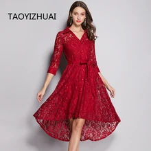 TAOYIZHUAI/Новое поступление; Лидер продаж; праздничное платье с поясом; свободный воротник; рукав три четверти; вечерние женские кружевные платья для офиса; 11754