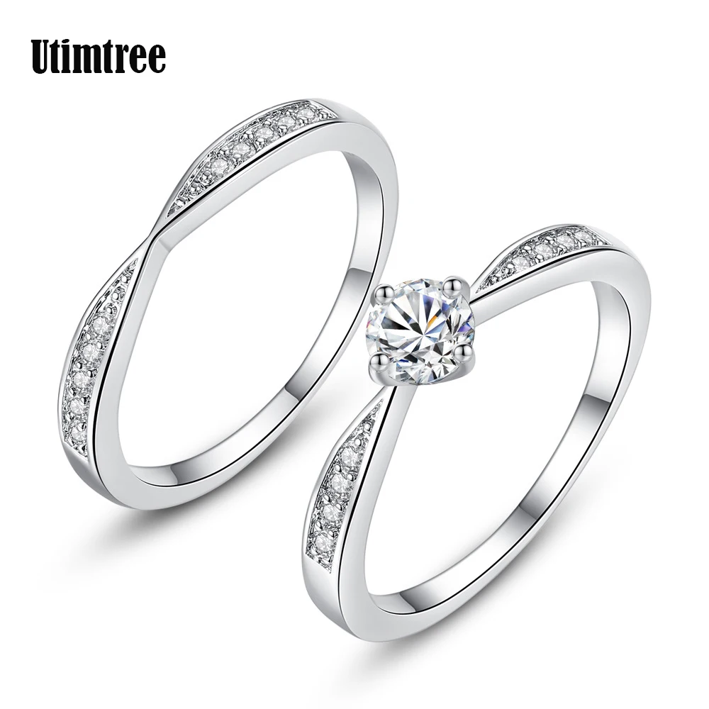 

Utimtree New European Ring Set For Women Wedding Jewelry Silver Color Cubic Zirconia Engagement Finger Rings Sets Anillos Mujer