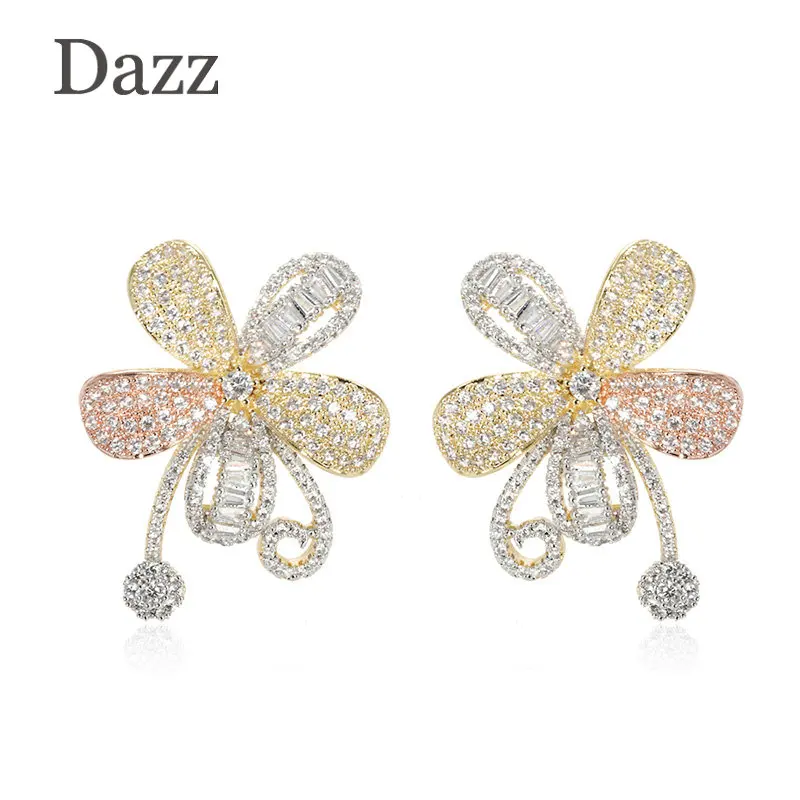 Dazz роскошные цветочные серьги 3 цвета медь для женщин вечерние свадебные юбилей полный Циркон нигерийские серьги-кольца, модные ювелирные украшения подарок - Окраска металла: gold color