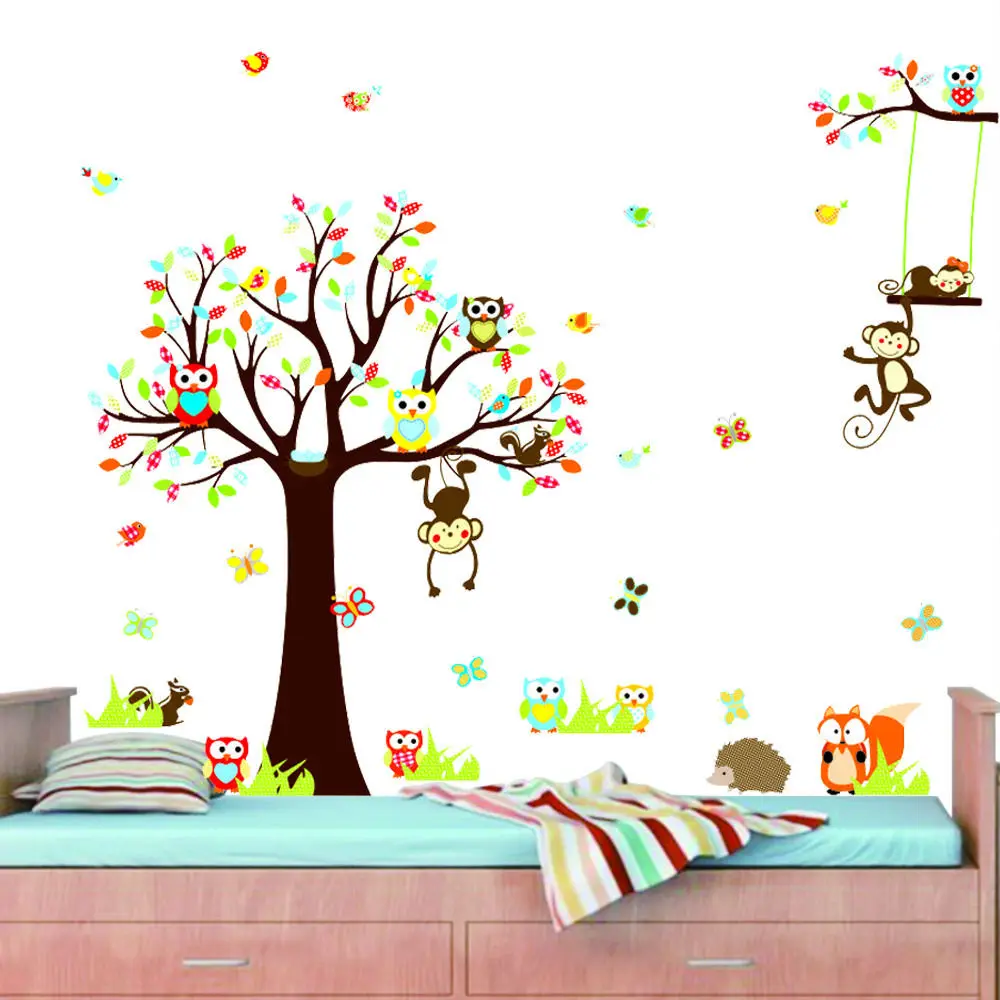 

2018 New Large Beauyt Flowers Cute Monkey Owl Tree Removable Wall Decal Sticker Kid Room Home Decor