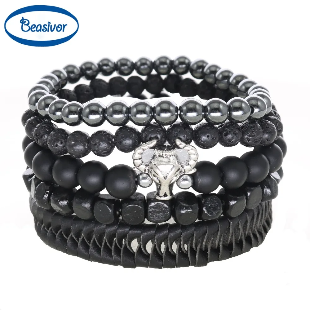 

Beasivor Vintage Silver Bull Charm Onyx Lava Stones Wrap Bracelets Men Jewelry Hematite Beads Leather Women Wristband Bangles