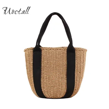 

Women's bag New Portable Bucket Braided Handkerchief Black Ribbon Straw Bag Summer Holiday Photograph Beach Bag