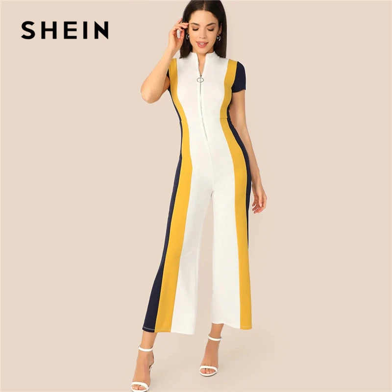 

SHEIN Mock Neck Zipper Fly Front Colorblock Wide Leg Jumpsuit Spring High Waist Stand Collar Short Sleeve Women Jumpsuit