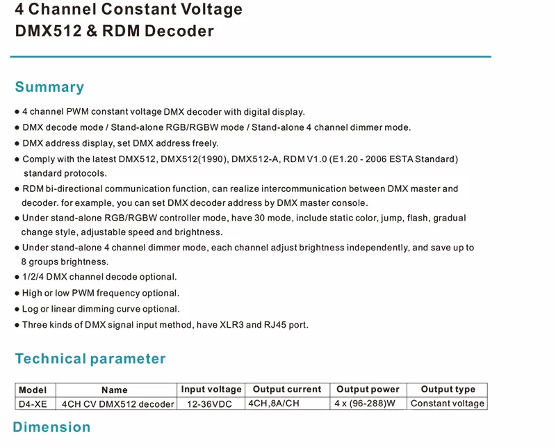 D4-XE 4 канал ПВМ постоянное напряжение DMX декодер с цифровым дисплеем XLR3 и RJ45 порт DC12-36V вход; 8A* 4CH