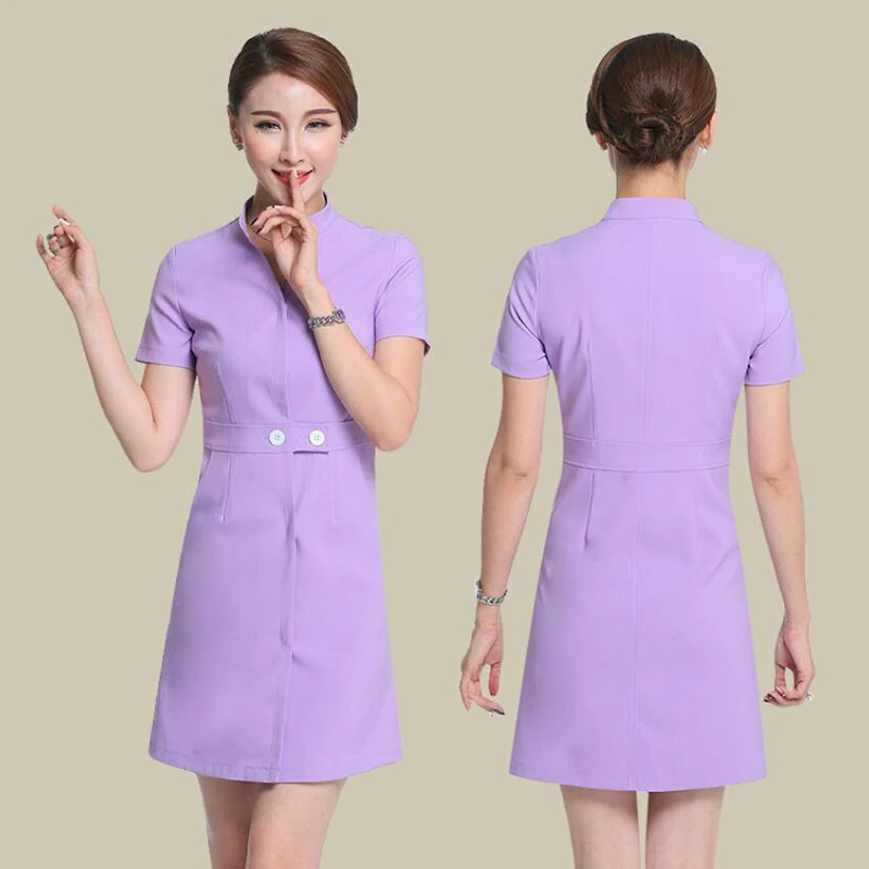 Женская летняя Больничная форма для доктора медсестры с v-образным вырезом, медицинская Униформа с короткими рукавами, одежда для салона красоты, голубое фиолетовое платье для работы - Цвет: Фиолетовый