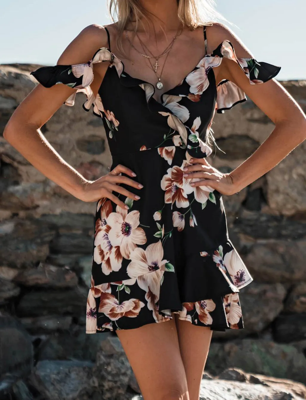 

New Charming Women Ladies Camisole Cascading Ruffle Off Shoulder V-Neck Print Mini Dress For Sea or Park Lively vestidos 40*