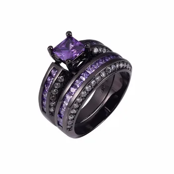 

Fashion Precious Princess-cut Purple Topaz CZ ring Jewelry 10KT Black gold Engagement Wedding Bride Band Rings Set for Women