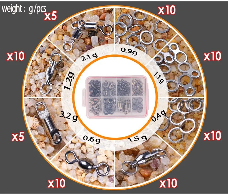 70 шт./лот Нержавеющая сталь рыболовная оснастка баррель слинг роликовых вертлюгов и Trulinoya коробка рыболовные снасти аксессуары