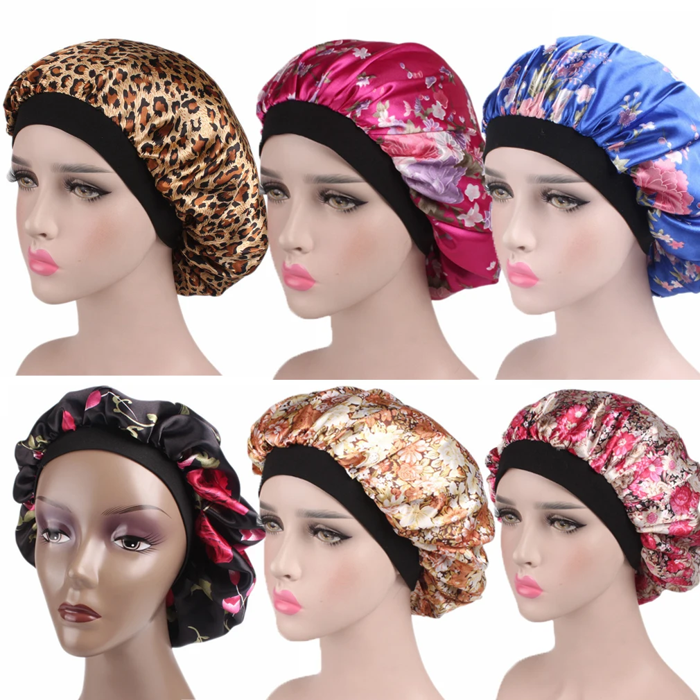 Новая модная женская атласная ночная шапка для сна, шапка для волос, шелковая накидка на голову, широкая эластичная лента
