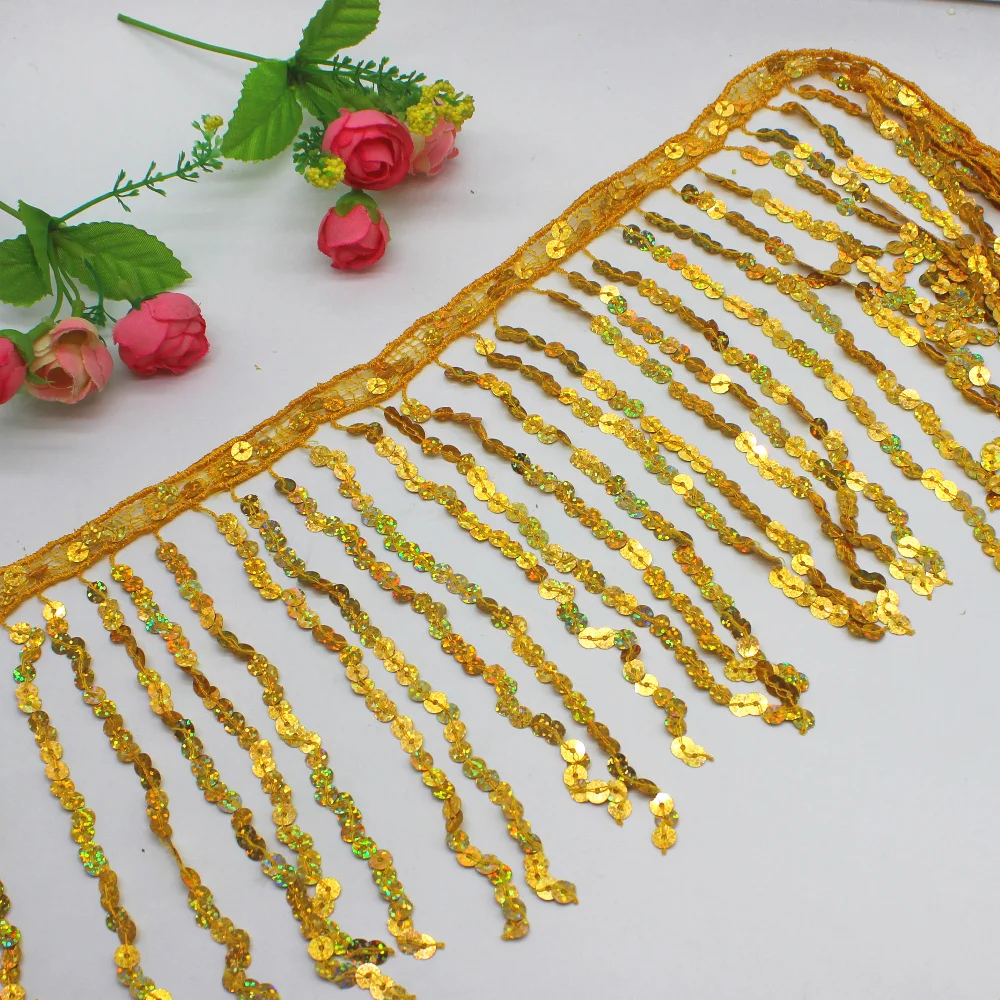 

Wholesale 14 Yards Latin Fringe Sequined Fringes Tassel For Latin Costumes Dress Macrame Diy Sewing Trims For Curtain 15-20cm