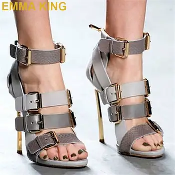 

2019 Buckles Strap Stiletto Gladiator Sandals Summer Women High Heels Shoes 12CM Genuine Leather Ankle Boots Sexy Woman Sandals