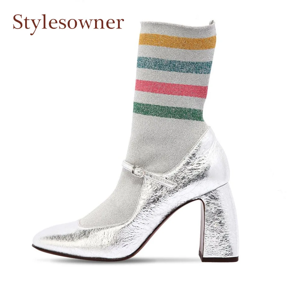 

Stylesowner 2018 new mixed stripe stretch sock boots women sliver real leather patchwork square toe chunky heels mary jane shoes