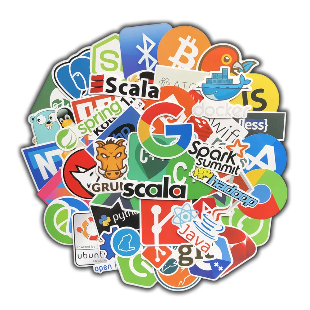 

50 Pcs Internet Java JS Php Html Cloud Docker Bitcoin Programming Language APP Logo Cool Stickers for Laptop Car DIY Stickers