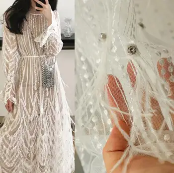 

White Ostrich perspective pearl curtains beaded mesh lace textiles fabric dress laser sexy wedding gauze party tweed fabric A437