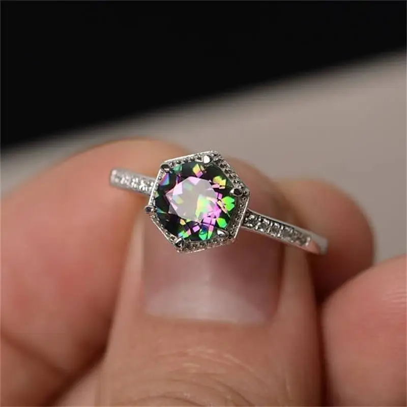 

Bamos 2018 New Arrival Mystery Rainbow Hexagon Ring Fashion Colorful 925 Silver Ring Vintage Wedding Engagement Rings For Women