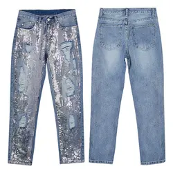 Винтаж Свободные рваные блёстки джинсы для женщин для выдалбливают блестками вышитые металлические простыни Детские прямые