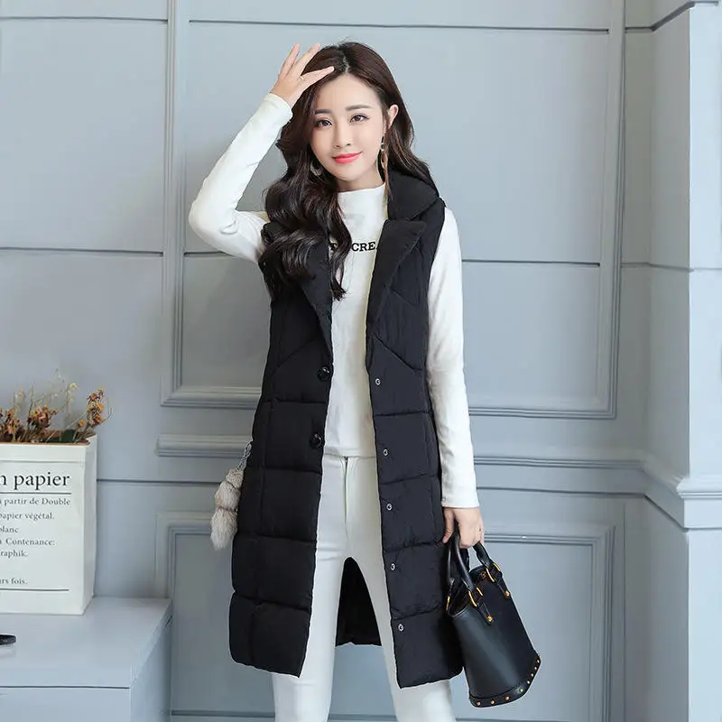 Autumn Winter Long Vest Women Casual Thick Down Cotton Vest Female Loose Warm Waistcoat Sleeveless Plus Size Vest Jacket Q1589