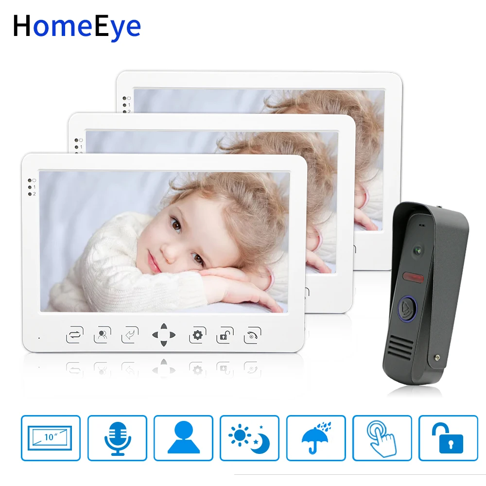 

HomeEye 10 inch Video Door Phone Video Intercom Doorbell Voice Message Rainproof Video Record Unlock Door 1-3 Home Access System