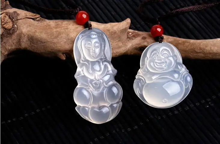 

A pair of lover's white ice chalcedony hand-carved quan Yin and Buddha pendant