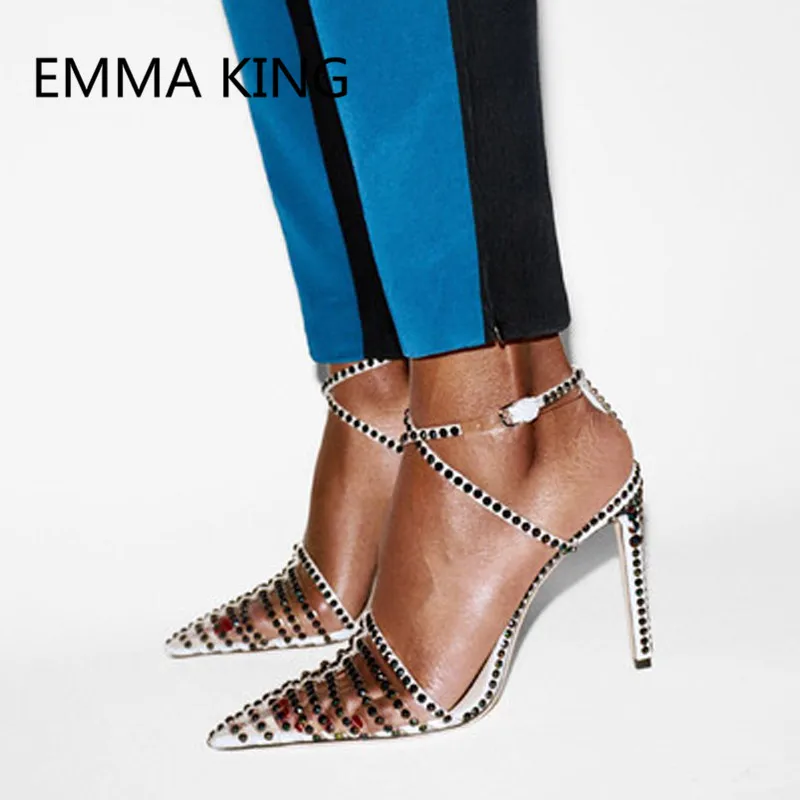 

Fashion Crystal Studded Sandals For Women Pointed Toe Ankle Strap Thin High Heels Ladies Runway Shoes Woman Gladiator Sandals