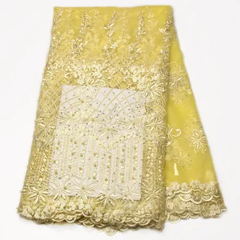 

Hot sale yellow nigerian ace fabric with stones african tulle net lace fabric for wedding dress beaded lace fabric AMY804B