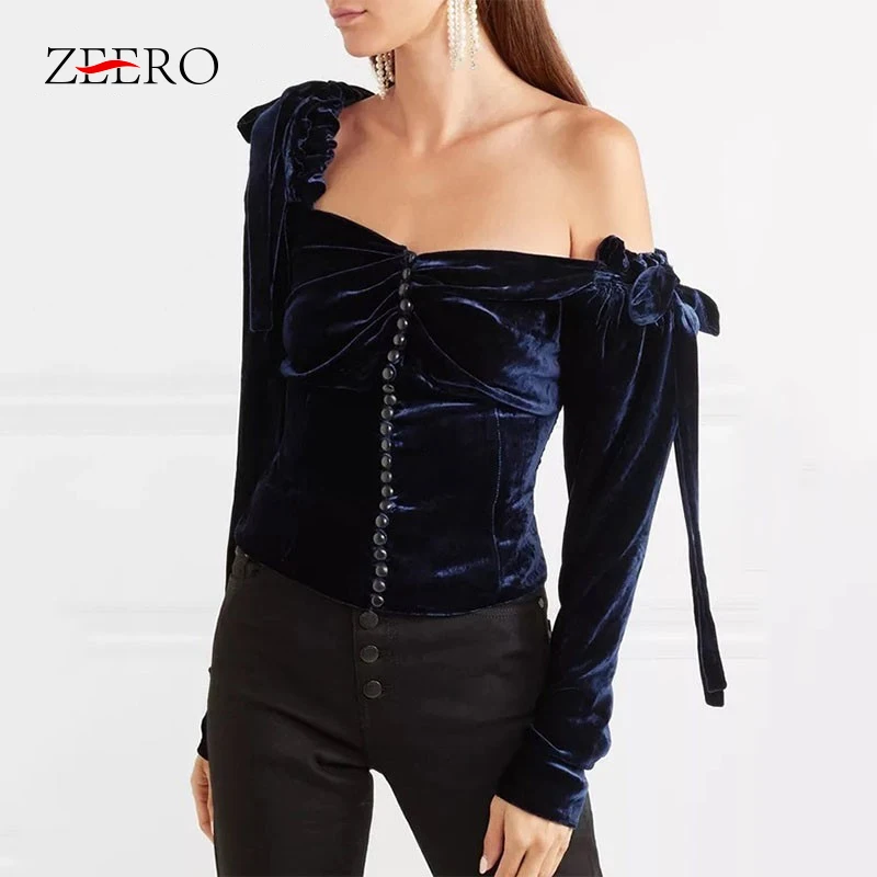 

2019 Korean Elegant Irregular Velour Shirts Blouse Women Skew Collar Puff Sleeve Lace Up Tunic Blouse Tops Female Velvet Shirt