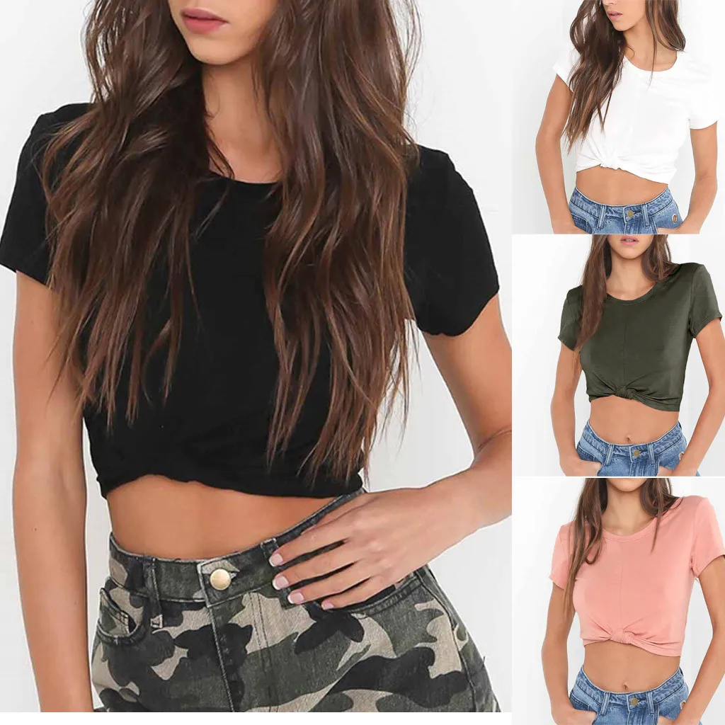 

New Tshirt Women O-Neck Solid T-Shirt Short Knot Tunics Fashion Short Harajuku Camiseta Mujer Top Women T Shirt Poleras Camisas