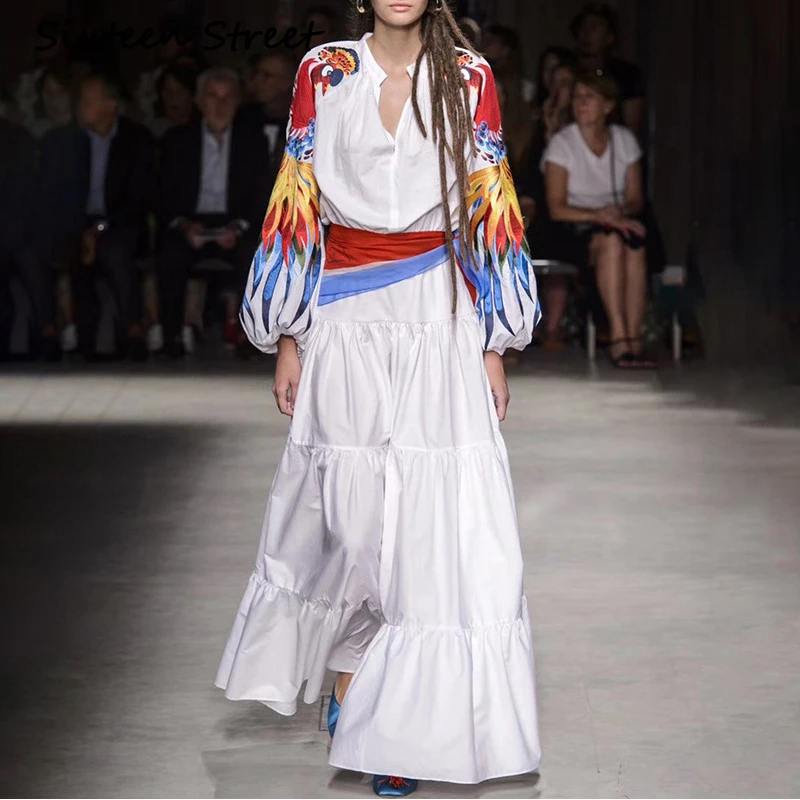 

New spring Autumn Woman maxi dress white Long sleeve Phoenix bird embroidery runway designer Long dresses ladies vestido blanco