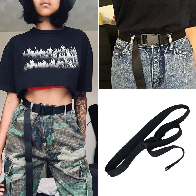

Fashion Black Canvas Belt for Women Casual Female Waist Belts with Plastic Buckle Harajuku Solid Color Long Belts Ceinture Femme