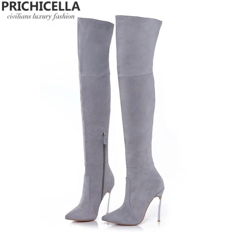 PRICHICELLA 8 см 10 см серый натуральная кожа сапоги выше колена высокие ботинки size34-42