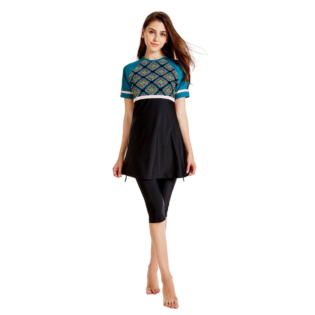 

Plus Size Muslim Swimwear Women Modest Patchwork Full Cover Short Sleeve Swimsuit Islamic Hijab Islam Burkinis Wear Bathing Suit