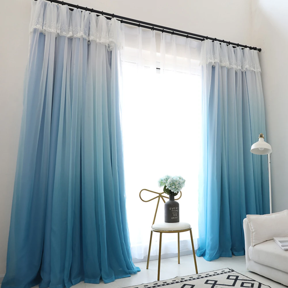 

Change Color Gradient Blue Window Curtain High Black Out Double Layer Blackout Lining Fabric for Living Room