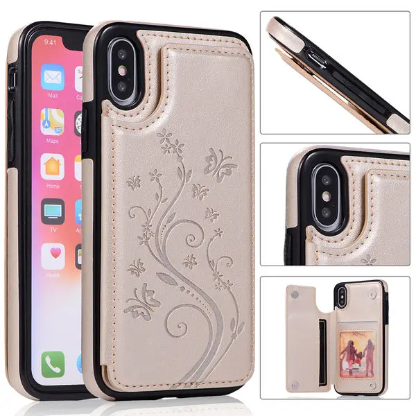 Чехол-бумажник из искусственной кожи с цветочным узором для карт iPhone X XS MAX XR 6 6S 7 8 Plus, чехлы для телефонов samsung S10E S10 S9 S8 Plus - Цвет: Золотой