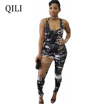 

QILI New Summer Women Sleeveless Hole Jumpsuits Rompers Black White Printed Tank U Neck Jumpsuit Skinny Long Pant Jumpsuits