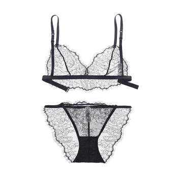 

Women's autumn wireless bras sexy full lace floral ultra-thin breathable bra sets plus size underwear set transparent sleepwear