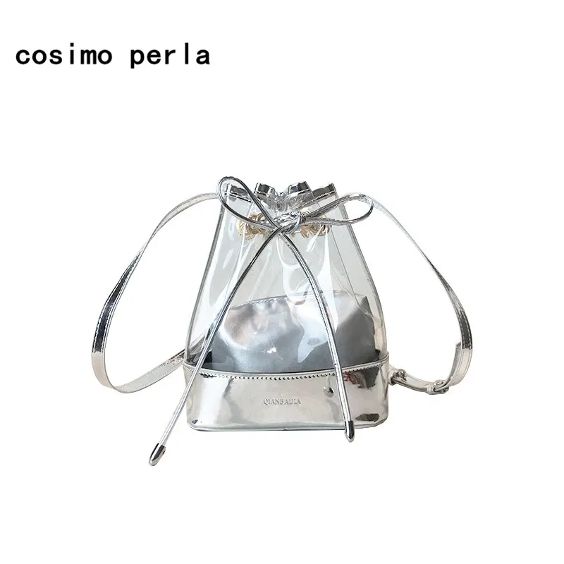 

2018 Summer Fashion Small Bucket Bag PVC Leather Patchwork Clear Purses Women Shoulder Crossbody Bags Mini Drawstring Jelly Sac