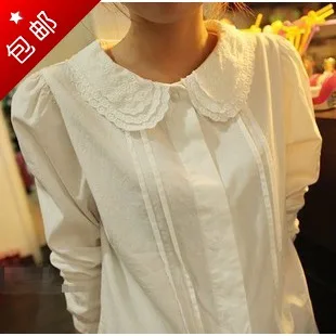 

2014 Time-limited Blouse Blusas Female Summer Short-sleeve Shirt Long-sleeve Peter Pan Collar Vintage Fresh White 100% Cotton