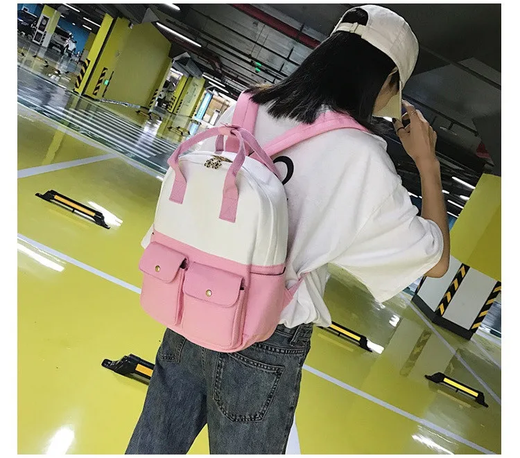 MJ Women Canvas Backpack Fashion Patchwork Canvas Travel Bag Female Large Capacity School Bag Backpack for Teenage Girls (6)