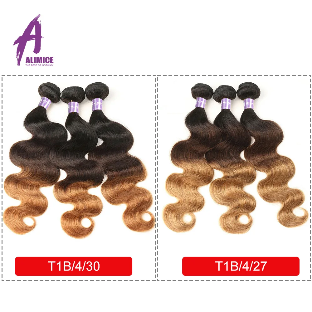  Alimice Hair Malaysian Body Wave Ombre Bundles Hair Bundles Human Hair Extensions #1b/4/27/30 Color