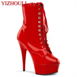Stiletto boots 15 cm high, sexy catwalk model low boots, strappy dancing shoes