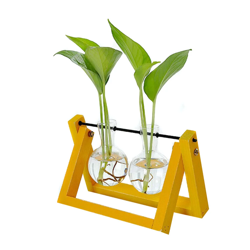 Yellow Double Vase Горячий гидропонное стекло плантатор лампа ваза с деревянной подставкой лоток настольный стол Декор SMD66 - Цвет: Yellow Double Vase