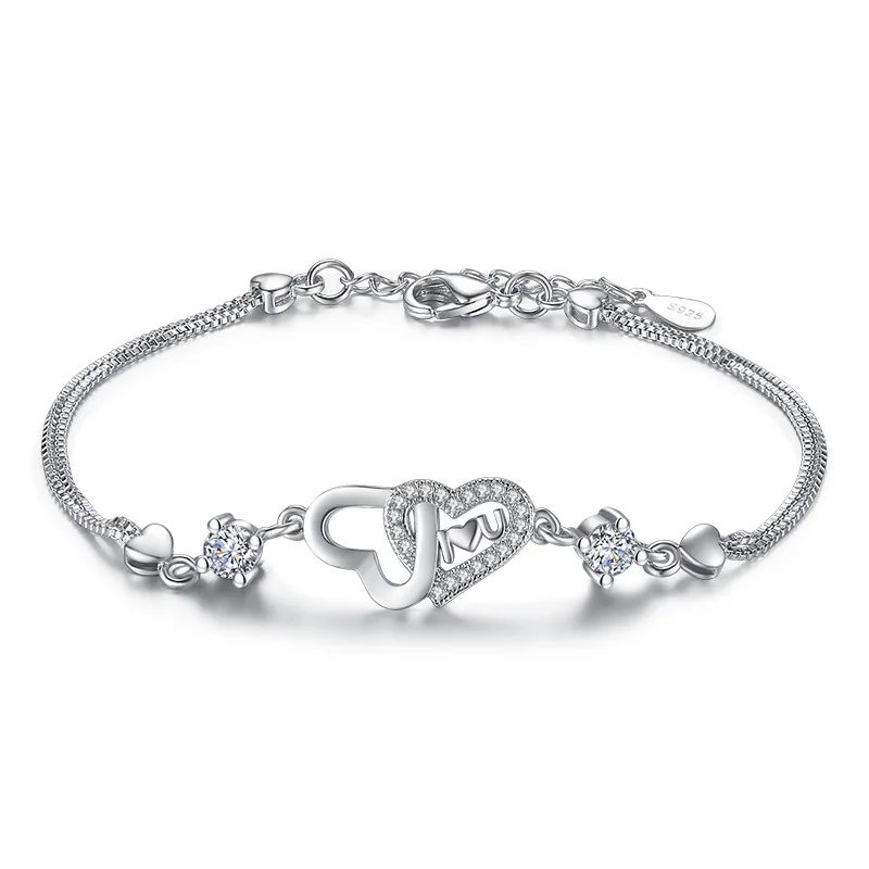

100% 925 sterling silver romantic love heart shiny crystal ladies`charm bracelets jewelry women Valentine's Day gift cheap