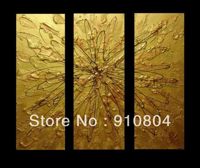 Framed 3 Panels Painted High End 3 Panel Canvas Art Gold Abstract Oil