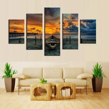 

HD Print Landscape Sunset Boat Is Docked at the Beach Picture Home Decor Painting Canvas Wall Art Decoration for Room Customized