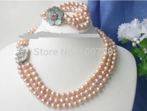 

Hot sell Noble- Jewelry 00749 3strands 9mm Pink pearls Necklace Bracelet set (A0423)